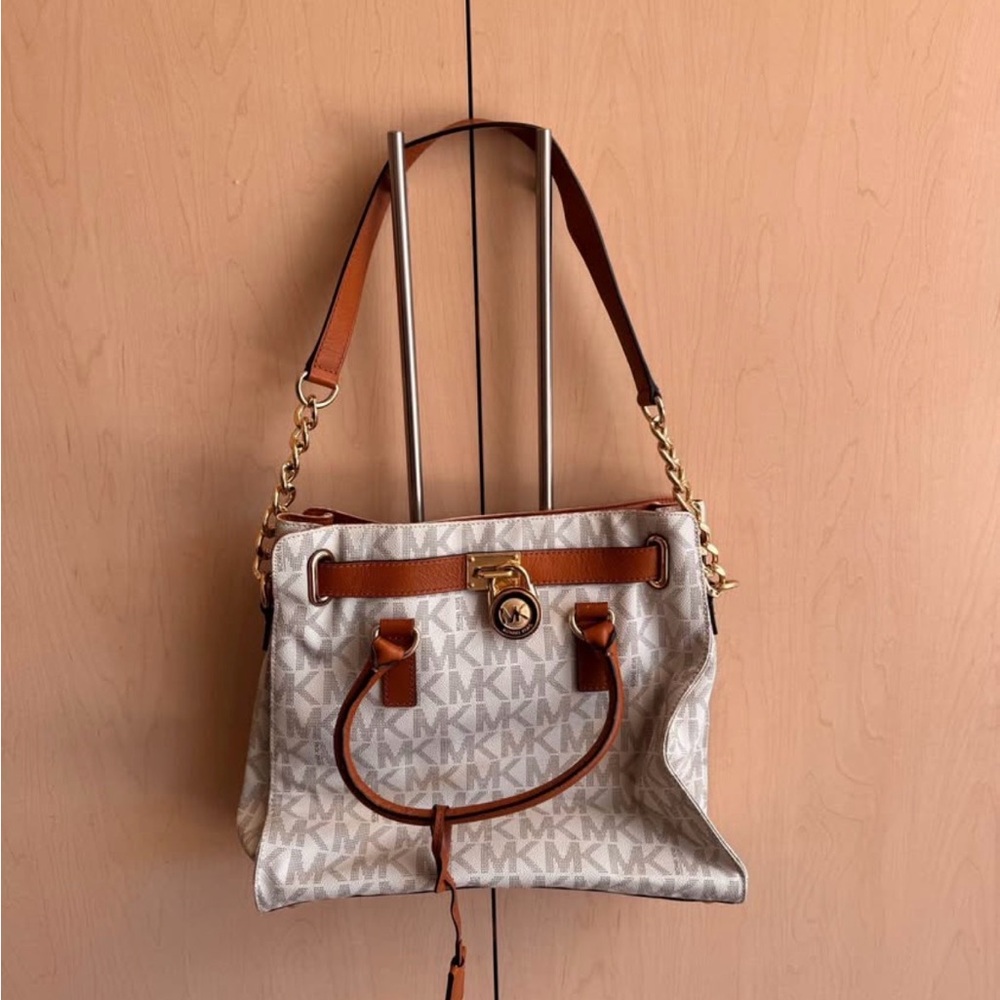 Michael Kors Beige Canvas MK Logo Tote with Brown Leather Trim and Gold Hardware